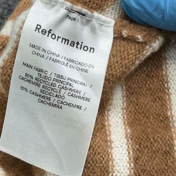 NEW Reformation 100% Cashmere Tan White Striped boyfriend crew boxy sweater XL - Picture 5 of 8